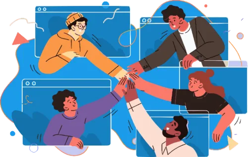 An illustration of people connecting through video calls representing Community, with hands coming together in the cente