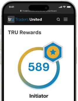 An image of a smartphone displaying a screen with TRU rewards and a badge, which will be distributed to active TRU members. 