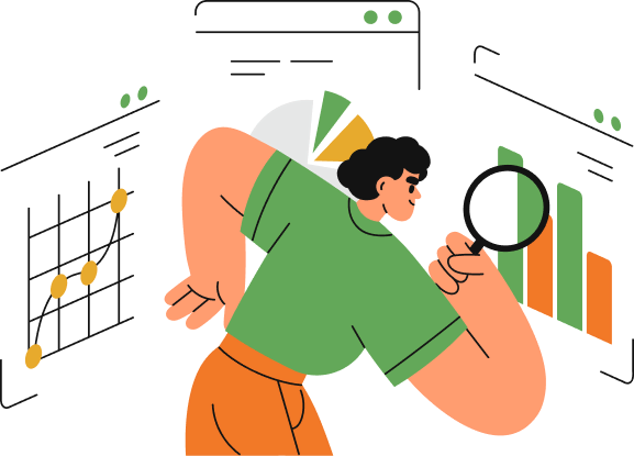 An illustration of a man using a magnifying glass to analyze a set of trading data