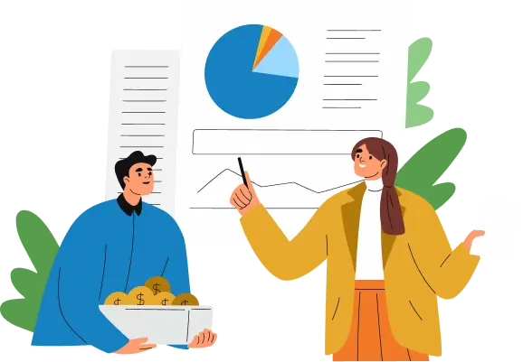 A cartoon of two individuals working collaboratively on trading data to resolve a dispute