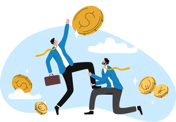 An image of two individuals, one with a briefcase sprinting and reaching coins, representing a member-focused profit sharing initiative of TRU