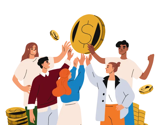 A cartoon image of a diverse group of people holding a big coin, symbolizing the earnings members stand to get from the profit of TRU