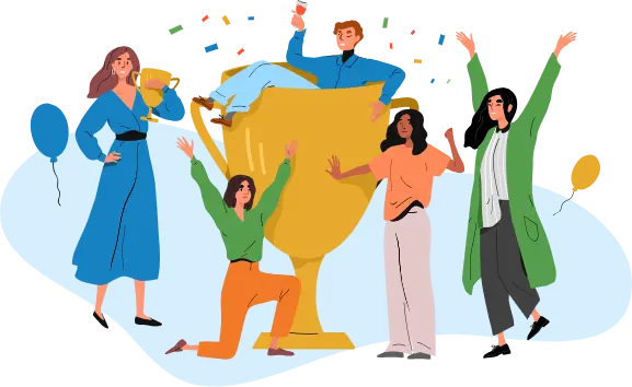 A graphic of five individuals celebrating with balloons, confetti, and trophies, symbolizing the commitment of TRU to reward the active participation of its members