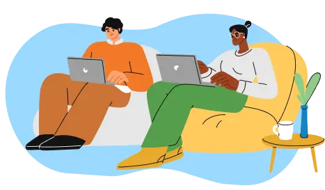 An illustration of two reporters sitting on a couch with laptops to illustrate the creation of media reports using the TRU media kit.