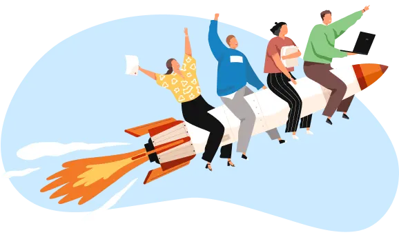 A cartoon of individuals on a rocket, highlighting the dynamic and supportive environment of the TRU community for achieving trading success