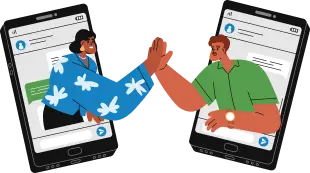 A cartoon of two people giving a virtual high-five through mobile screens to represent community engagement and equal access.