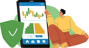 A graphic of a person analyzing trading data on a mobile device with a verified shield icon, emphasizing TRU transparency and ethical practices.