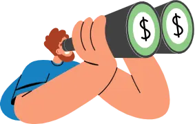 A cartoon of a man holding a binocular with a lens showing dollar signs, representing the vision of TRU of a better, safer, and more informed online trading