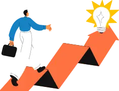 Graphics of a person with a briefcase climbing a rising graph towards a lightbulb, representing the TRU mission of empowering traders with valuable, credible, and profitable trading resources and support